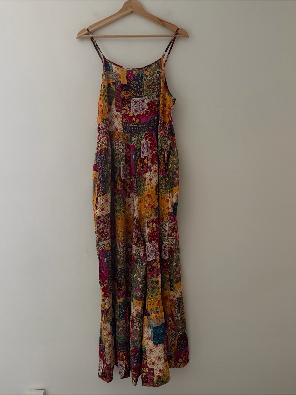 Natural Life Wide Leg Jumpsuit Patchwork Overalls Yellow Pink Size Small Boho - Picture 3 of 12